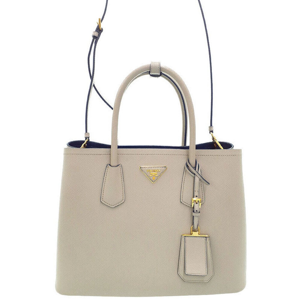 Prada Saffiano Cuir Leather Double 2way Shoulder Bag Beige Cream